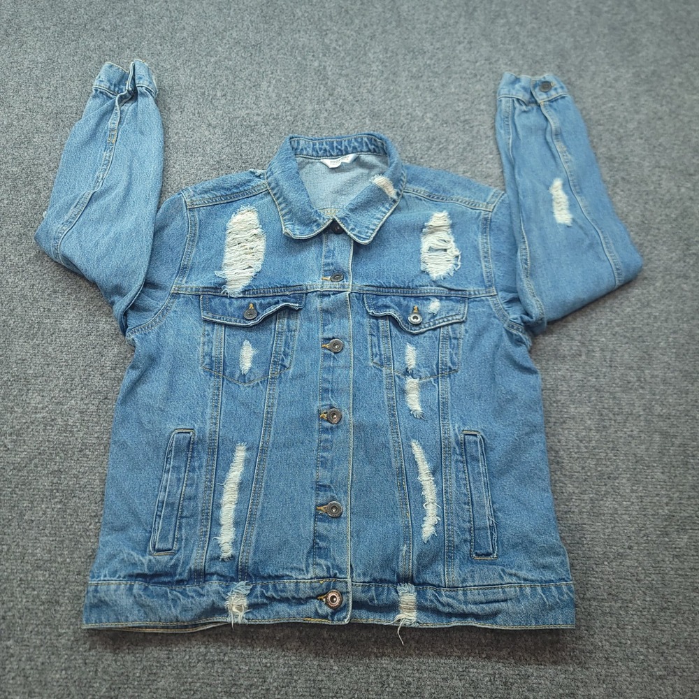 Highway Jeans Distressed Denim Jacket Womens Large Blue Ripped Shredded Trucker
